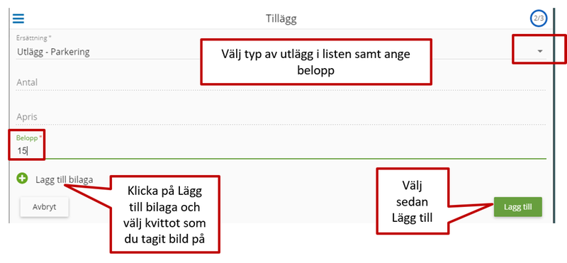 Steg 8 i hur man rapporterar utlägg i P mobile
